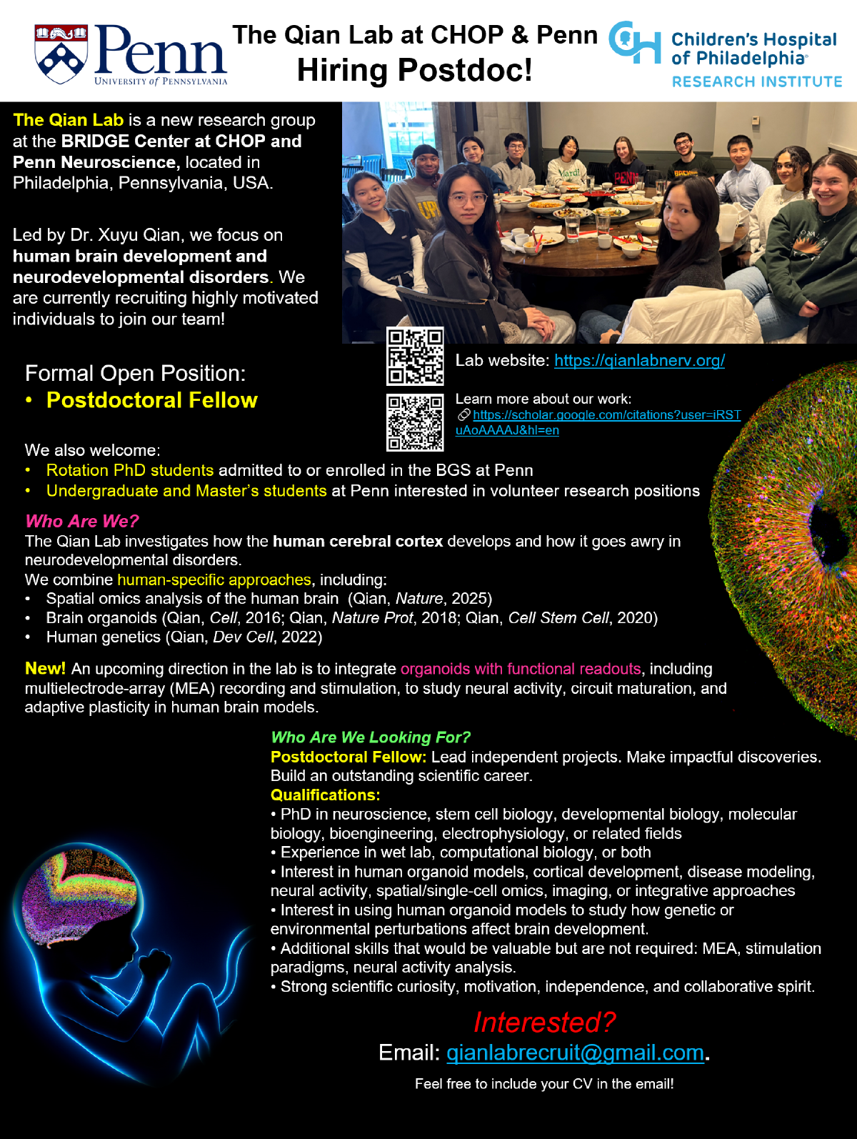 Qian Lab postdoctoral fellow recruitment flyer